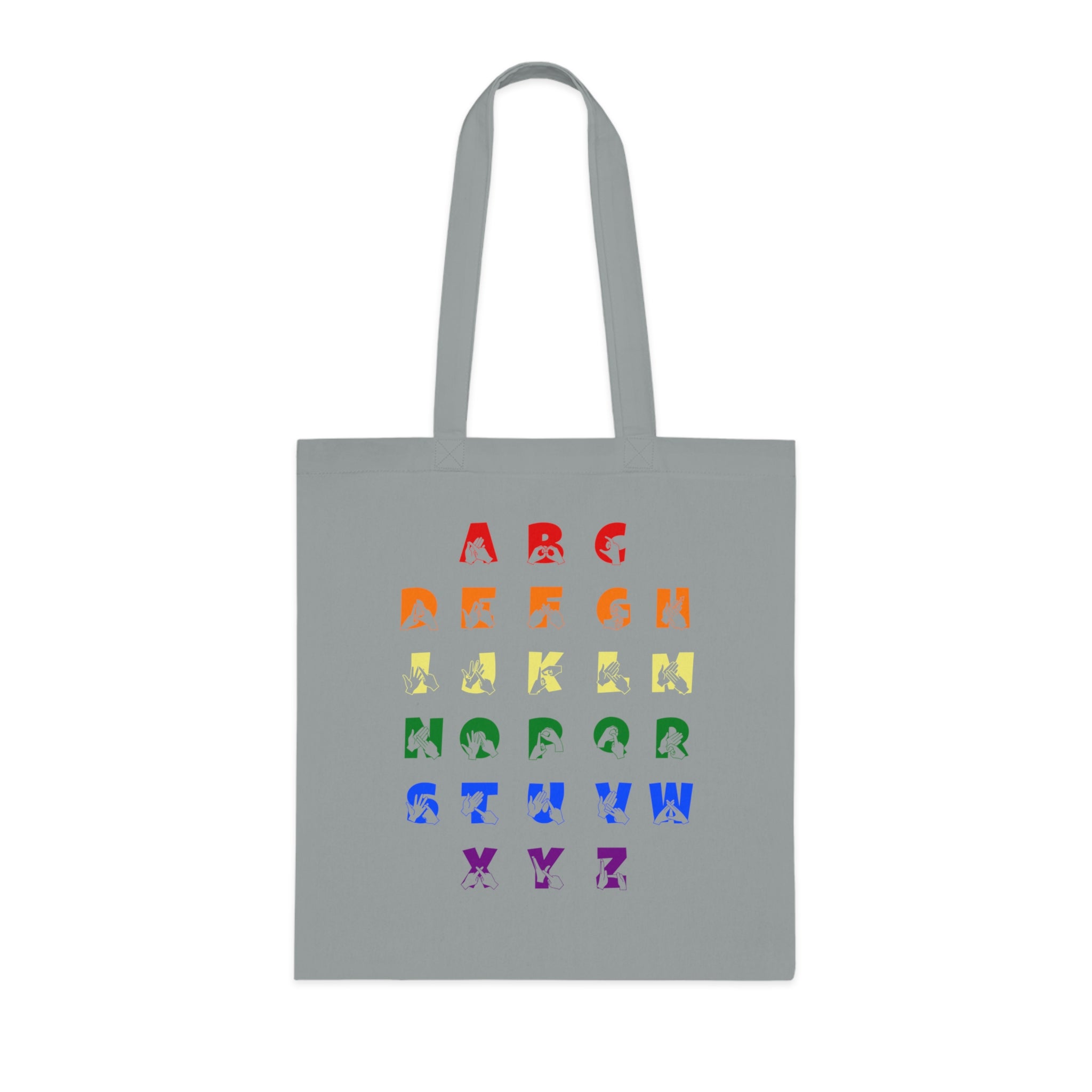 Grey Tote Bag with BSL Alphabet - Pride Fingerspelling & Text