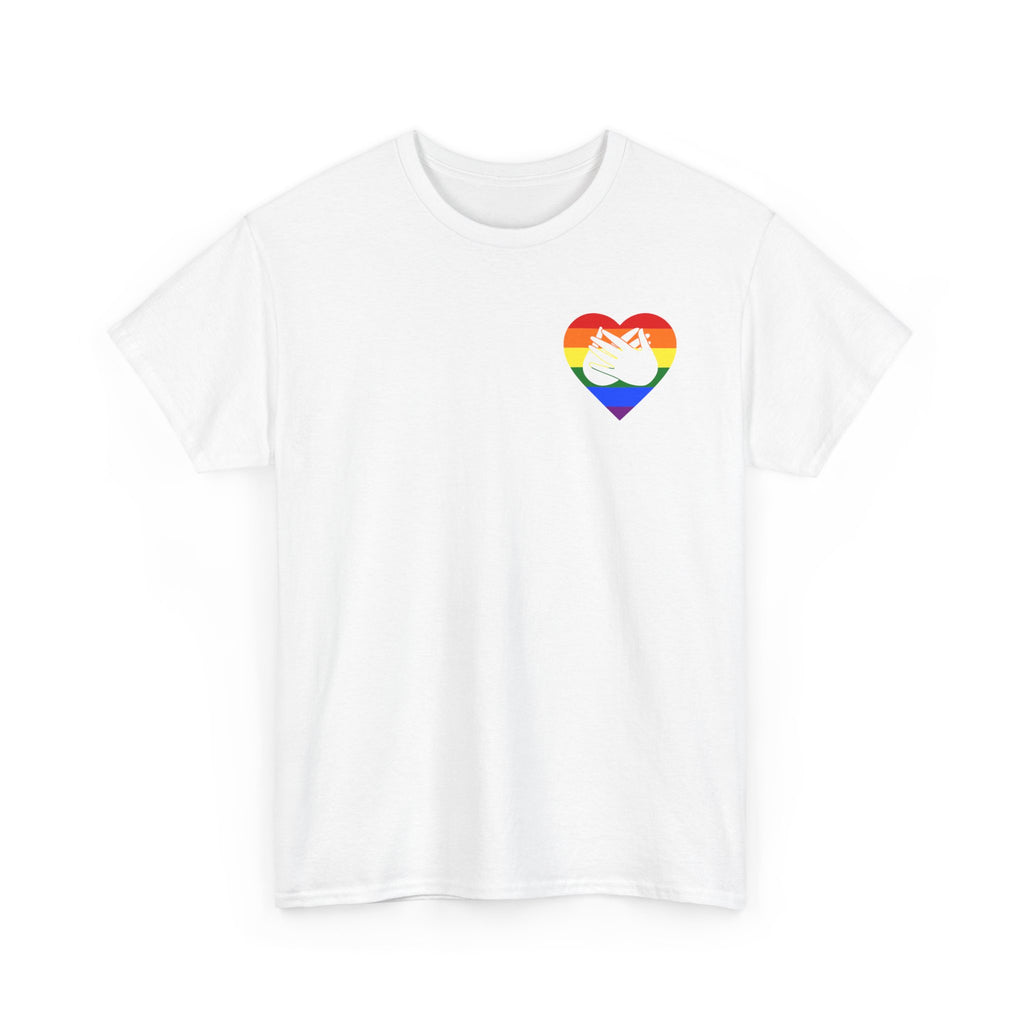 Front view of a white T-Shirt showing a pride coloured heart and the iconic BSL Love sign embedded in it on the left side of the chest