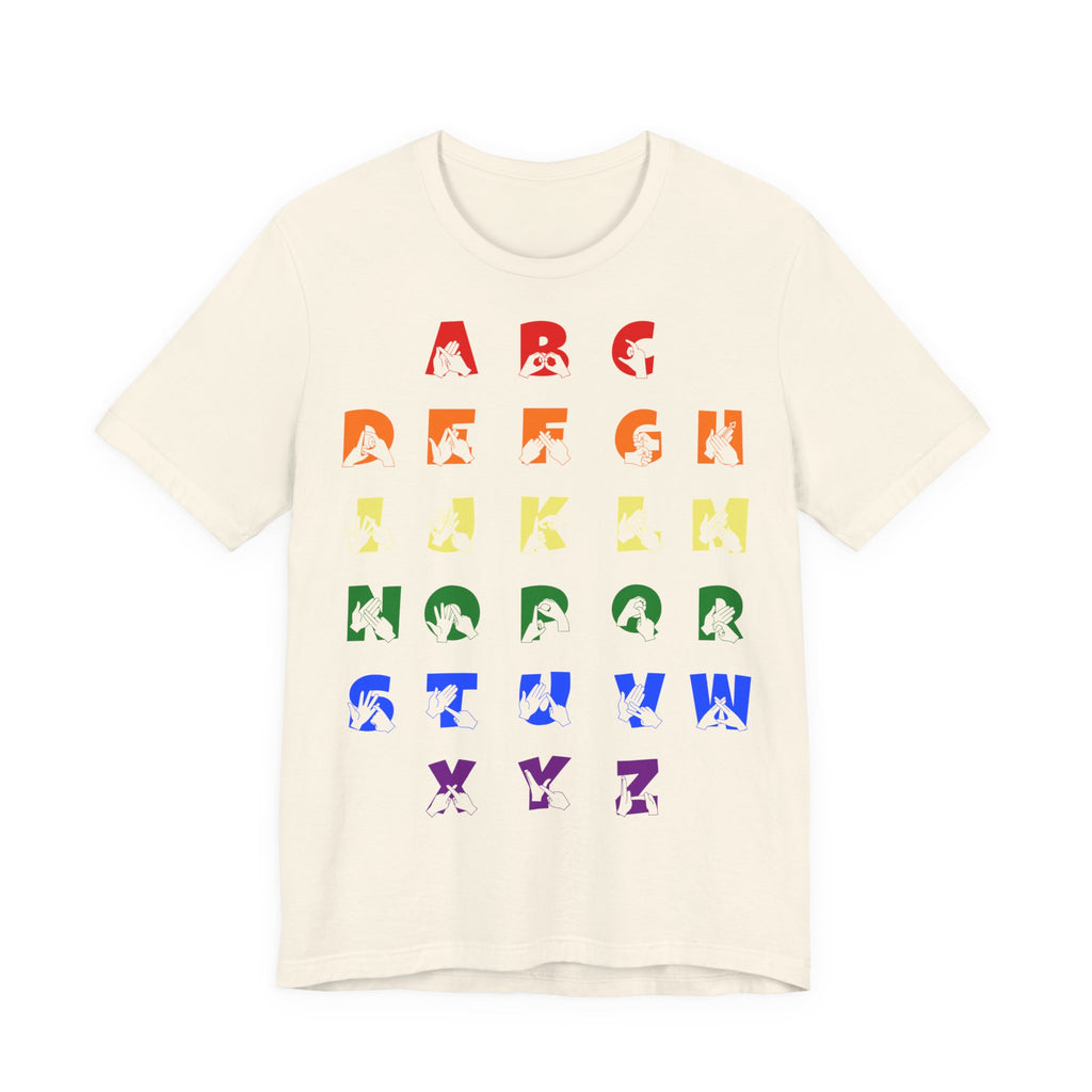Front view of a natural t-shirt with BSL Alphabet - Pride Fingerspelling & Text