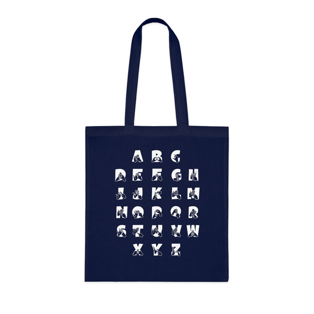 Navy Tote Bag with BSL Alphabet - White Fingerspelling & Text
