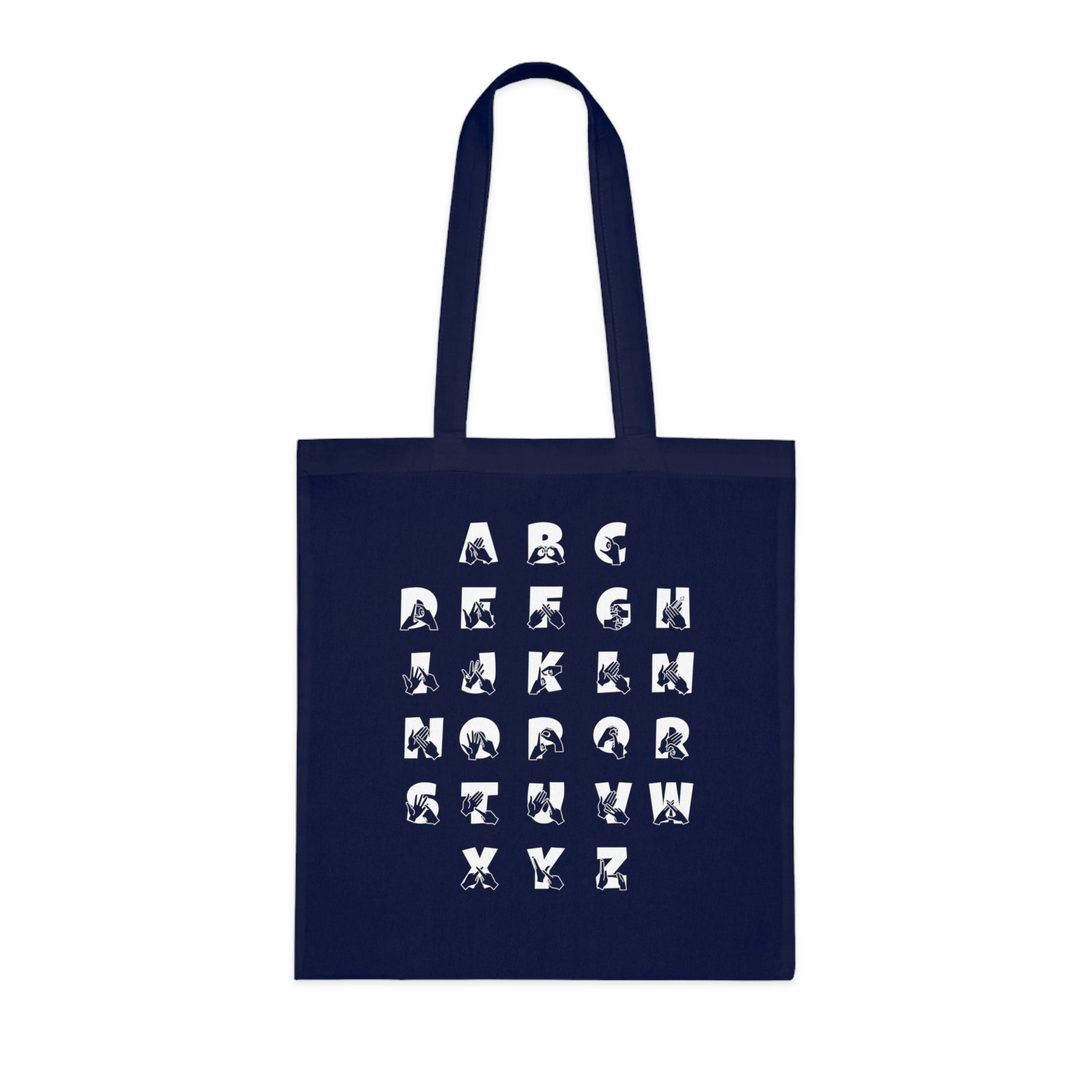 Navy Tote Bag with BSL Alphabet - White Fingerspelling & Text