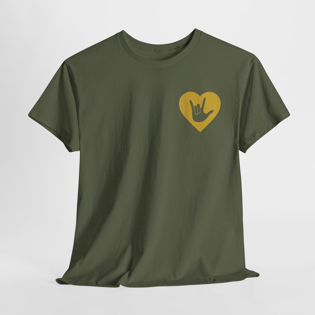 Front view of a military green T-Shirt showing a gold coloured heart and the iconic ASL I Love You sign embedded in it on the left side of the chest on a light grey background