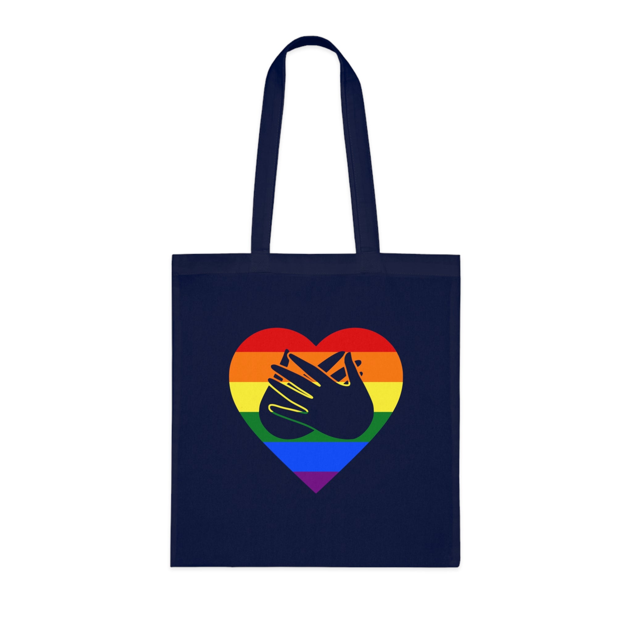 Navy blue Tote Bag showing a Pride coloured heart and the iconic BSL Love sign embedded in it