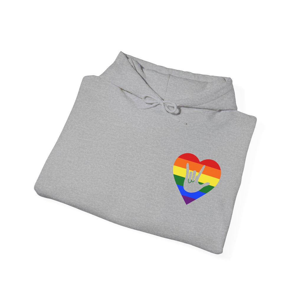 Folded sport grey hoodie showing a pride coloured heart and the iconic ASL I Love You sign embedded in it on the left side of the chest