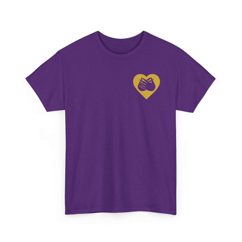 Front view of a purple T-Shirt showing a gold coloured heart and the iconic BSL Love sign embedded in it on the left side of the chest