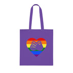 Lavender Tote Bag showing a Pride coloured heart and the iconic BSL Love sign embedded in it