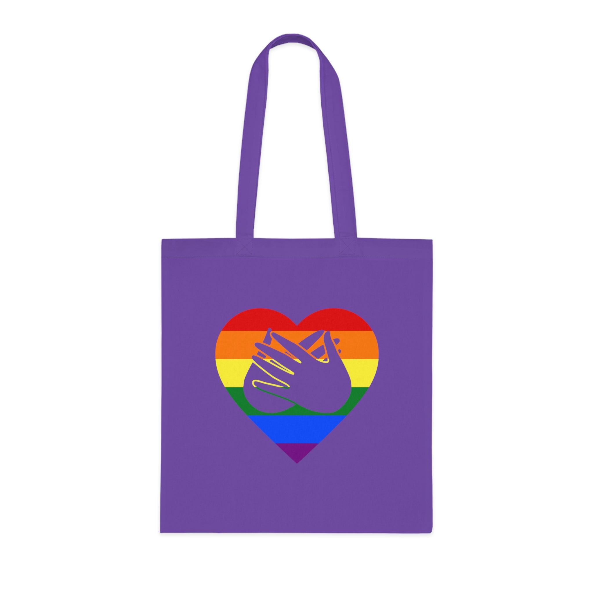 Lavender Tote Bag showing a Pride coloured heart and the iconic BSL Love sign embedded in it