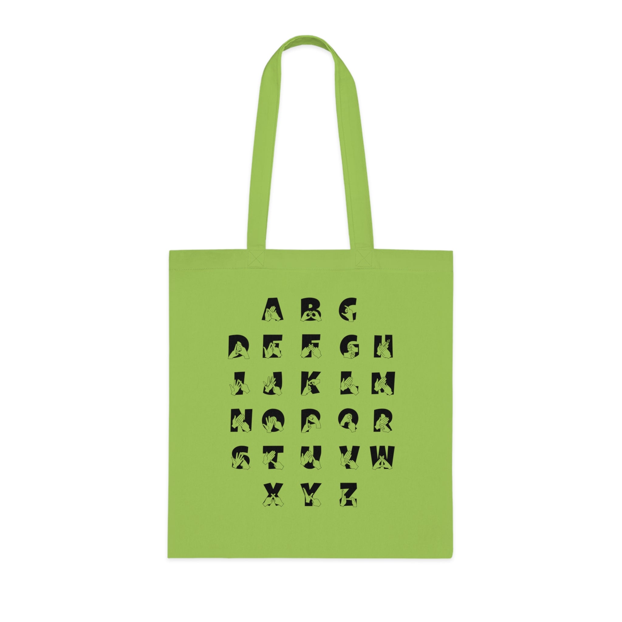 Lime Tote Bag with BSL Alphabet - Black Fingerspelling & Text
