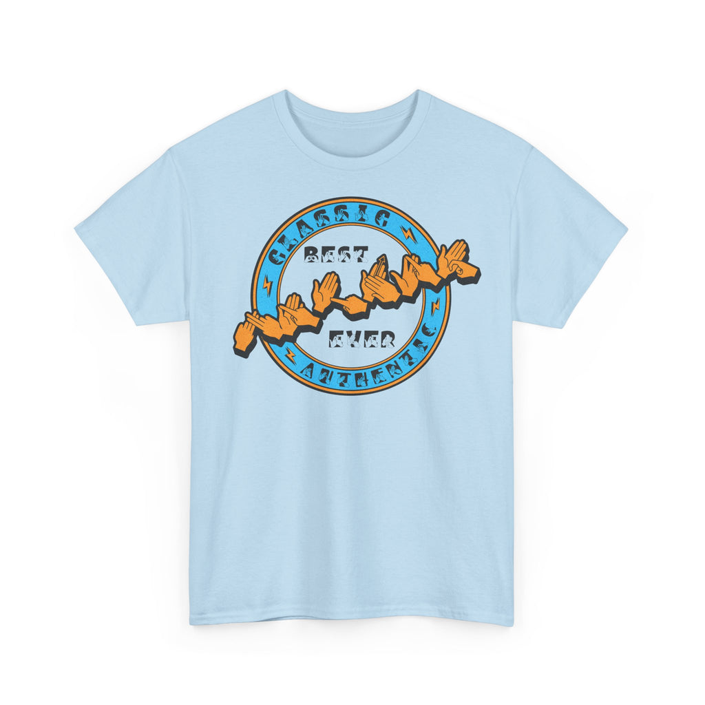 Light blue T-shirt with ‘Best Father Ever’ in BSL fingerspelling and text on the front