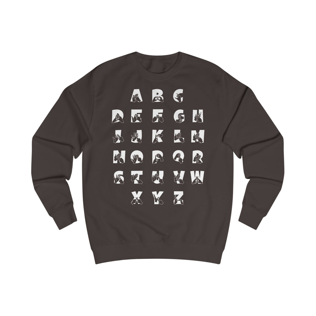 Front view of a hot chocolate sweatshirt with BSL Alphabet - White Fingerspelling & Text
