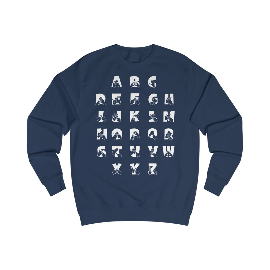 Front view of a oxford navy sweatshirt with BSL Alphabet - White Fingerspelling & Text