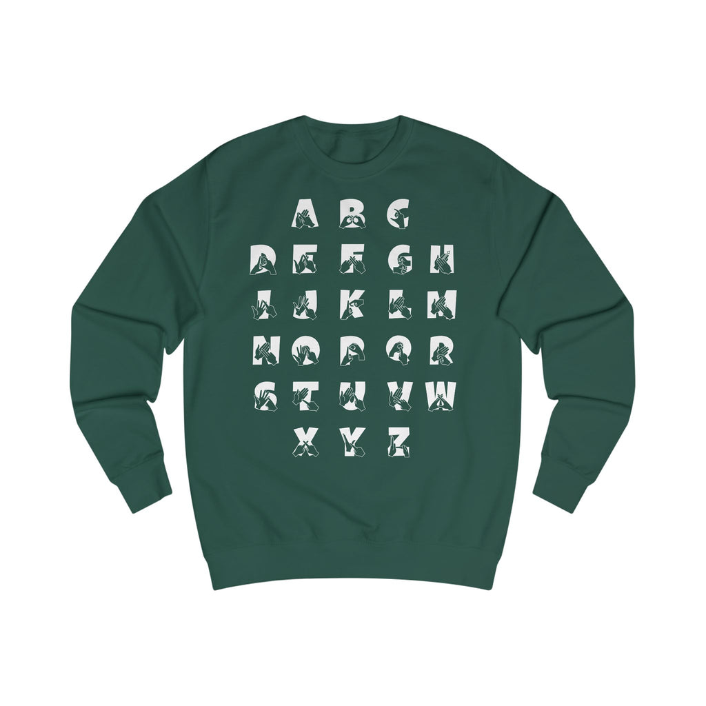 Front view of a bottle green sweatshirt with BSL Alphabet - White Fingerspelling & Text