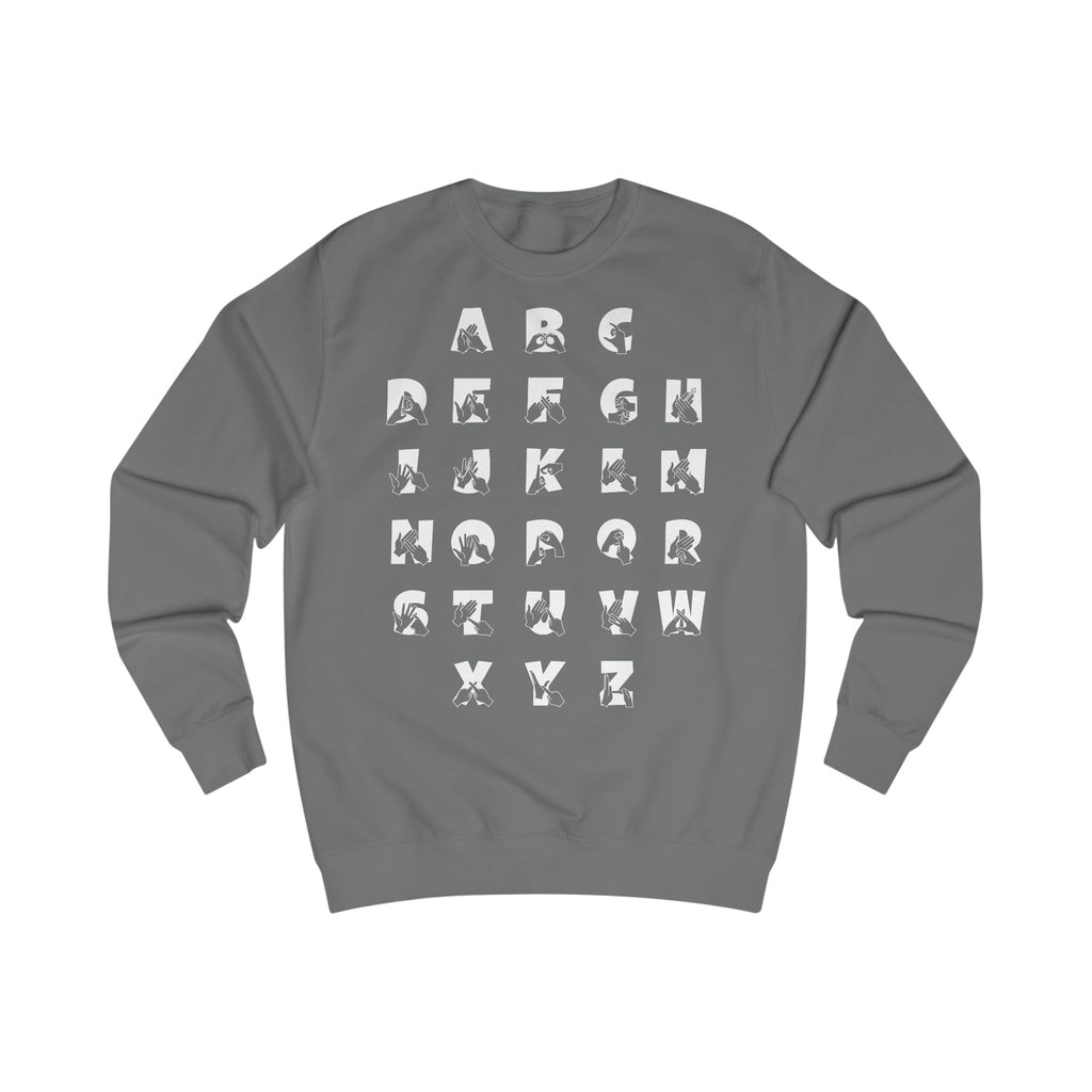 Front view of a steel grey sweatshirt with BSL Alphabet - White Fingerspelling & Text