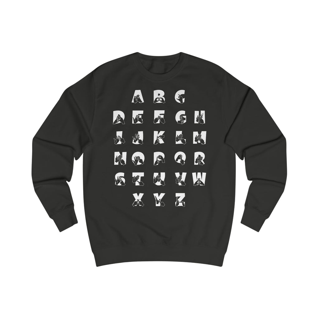 Front view of a jet black sweatshirt with BSL Alphabet - White Fingerspelling & Text