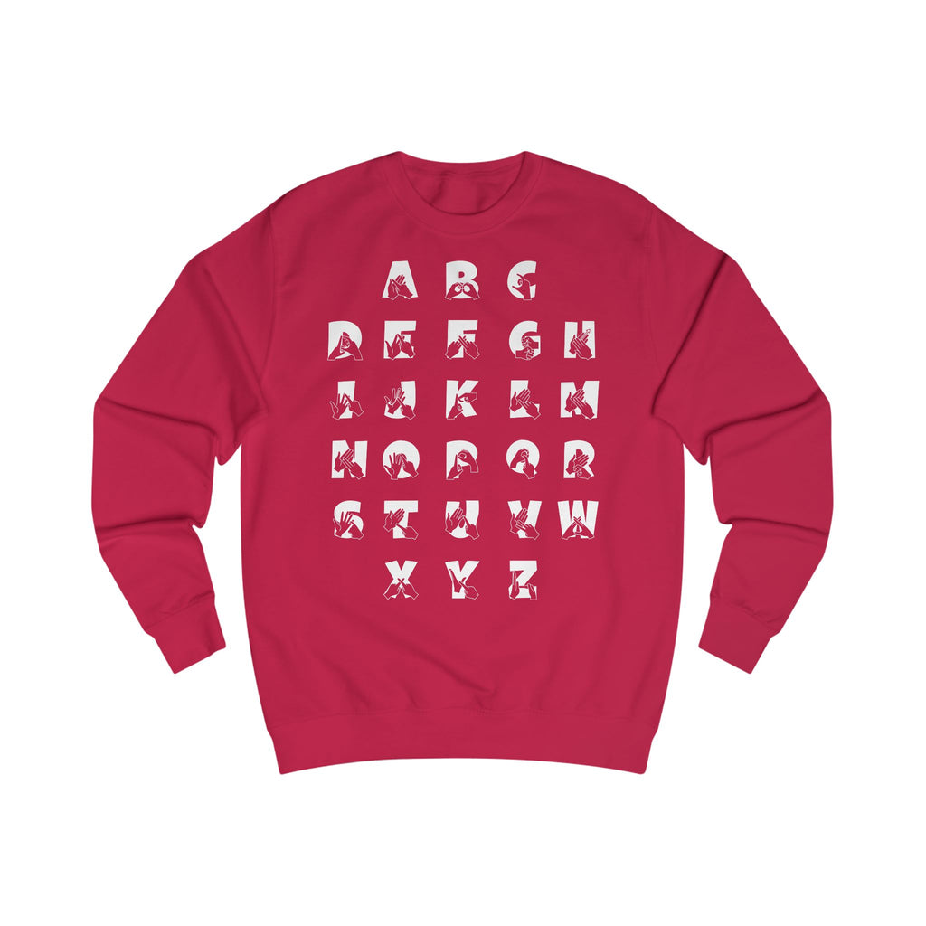 Front view of a fire red sweatshirt with BSL Alphabet - White Fingerspelling & Text