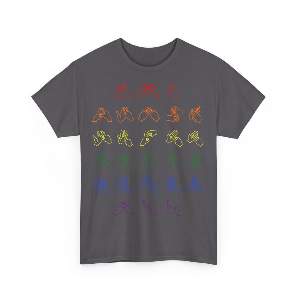 Front view of a charcoal t-shirt with BSL Alphabet - Pride Fingerspelling