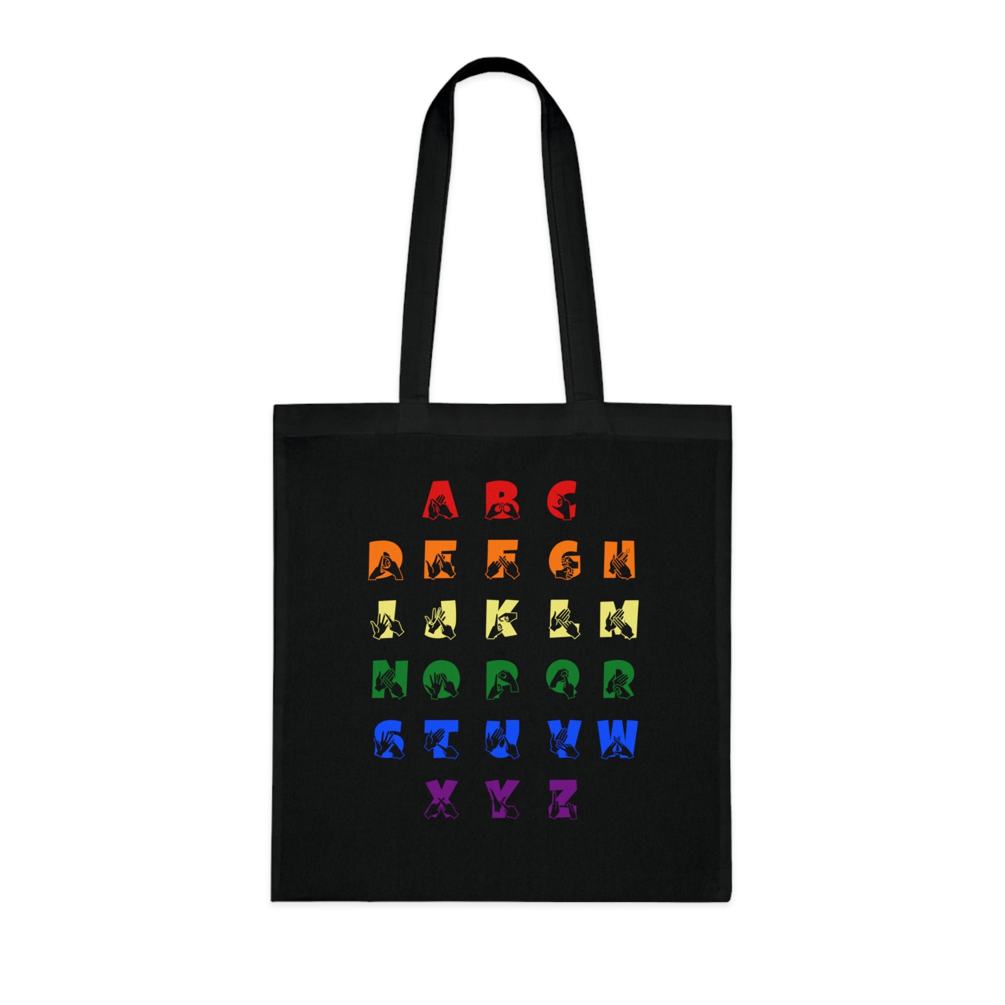 Black Tote Bag with BSL Alphabet - Pride Fingerspelling & Text