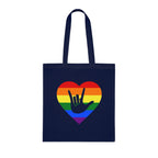 Navy blue Tote Bag showing a Pride coloured heart and the iconic ASL I Love You sign embedded in it
