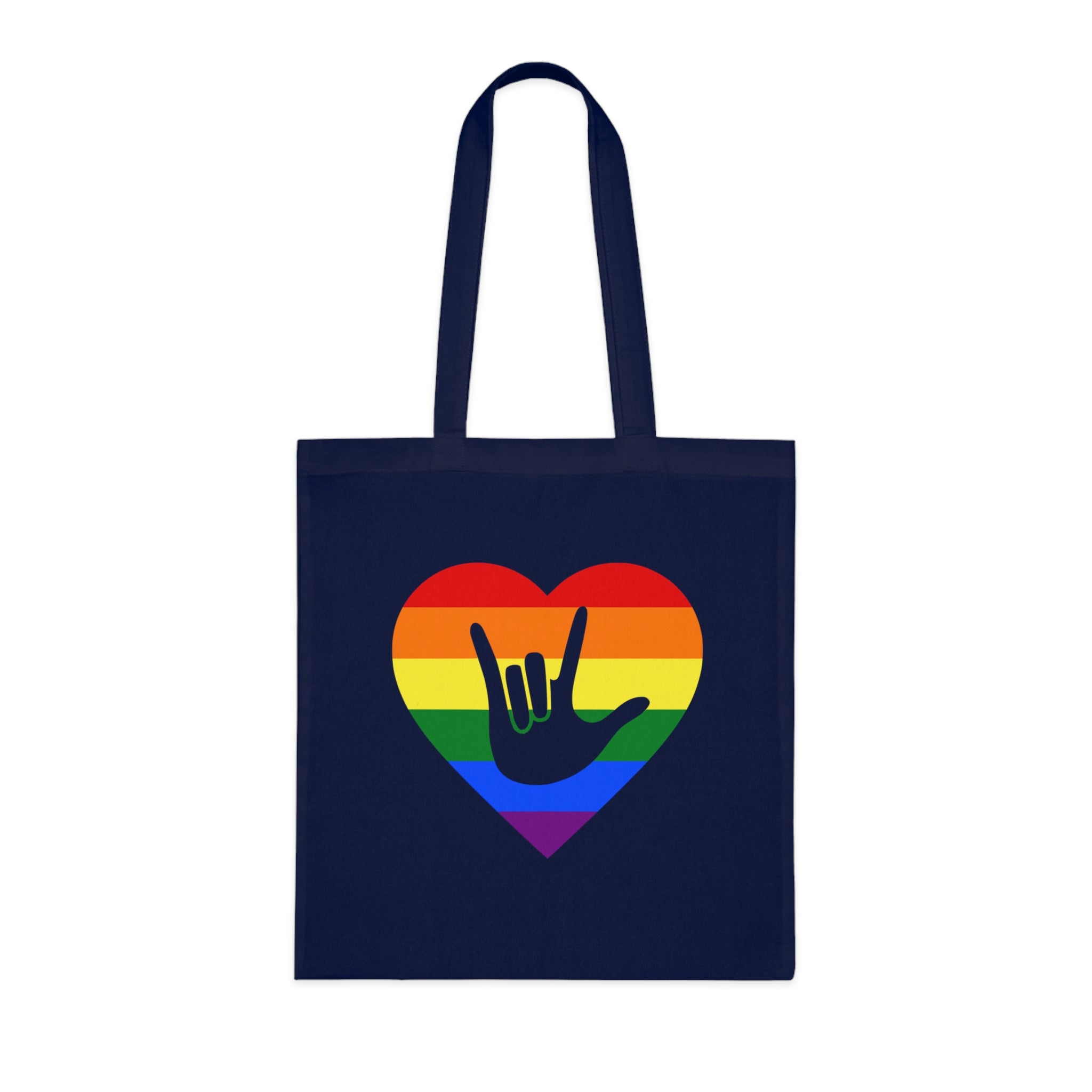 Navy blue Tote Bag showing a Pride coloured heart and the iconic ASL I Love You sign embedded in it