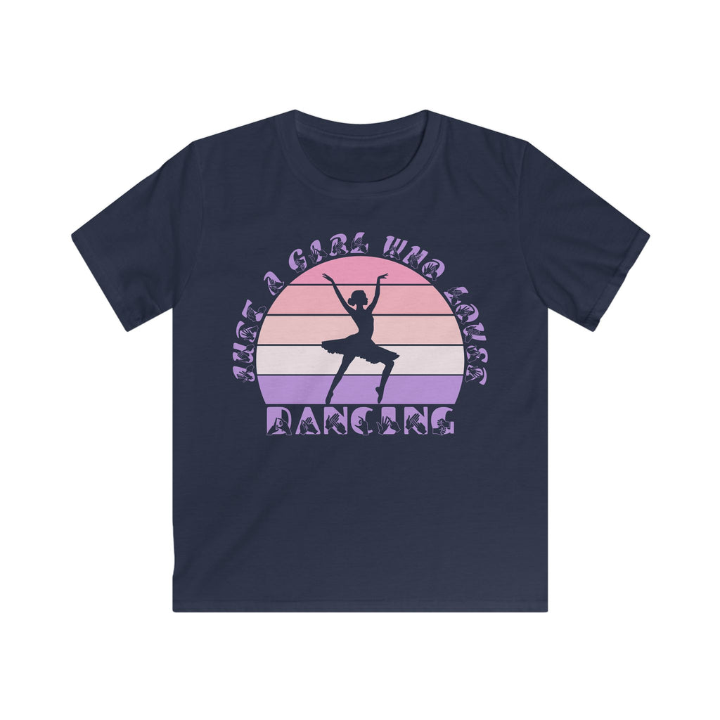 Navy t-shirt with the phrase "Just a Girl Who Loves Dancing" above a colourful retro sunset and a silhouette of a girl dancing in the centre