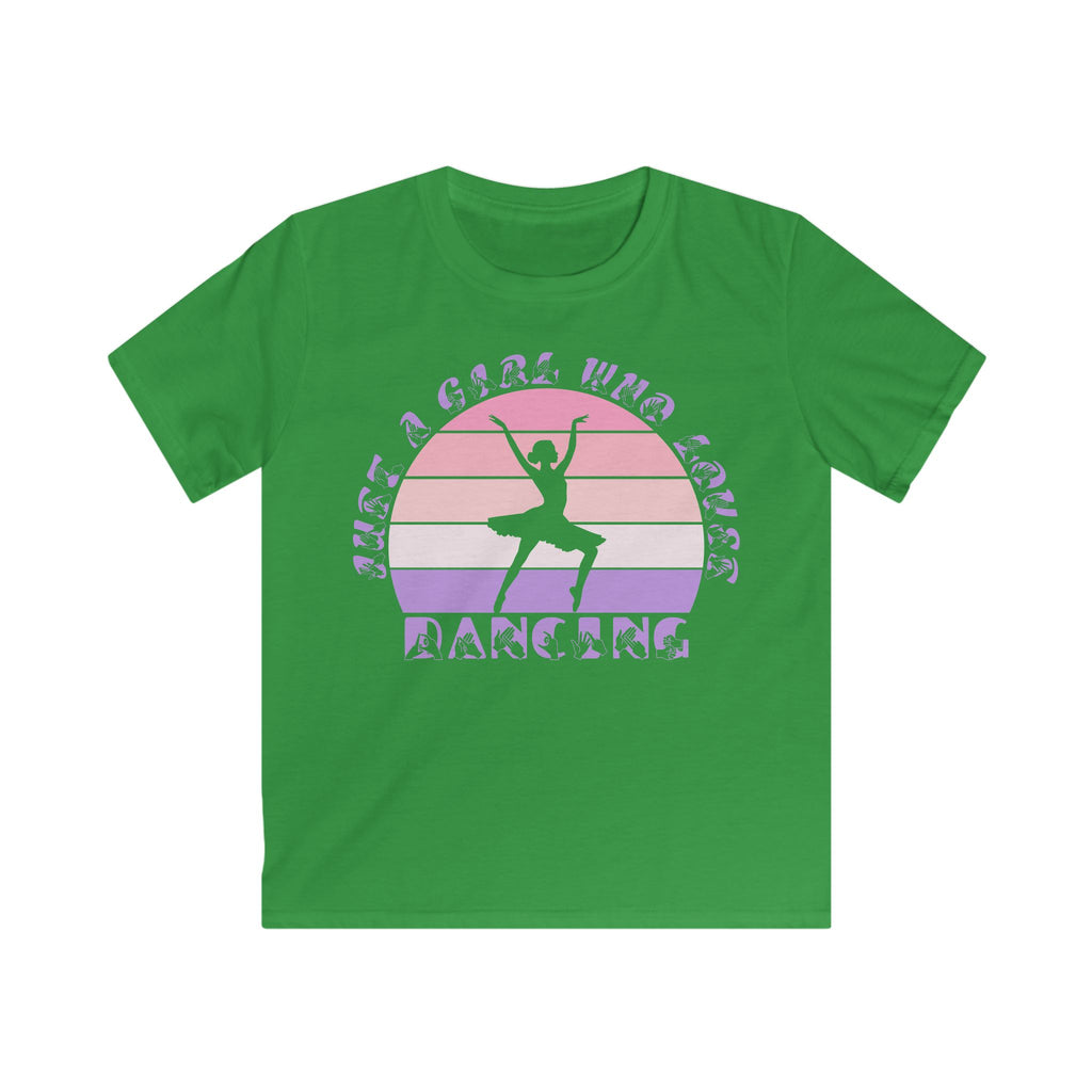 Irish green t-shirt with the phrase "Just a Girl Who Loves Dancing" above a colourful retro sunset and a silhouette of a girl dancing in the centre