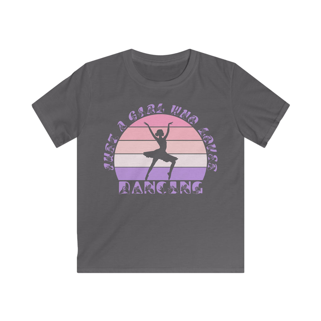 Charcoal t-shirt with the phrase "Just a Girl Who Loves Dancing" above a colourful retro sunset and a silhouette of a girl dancing in the centre