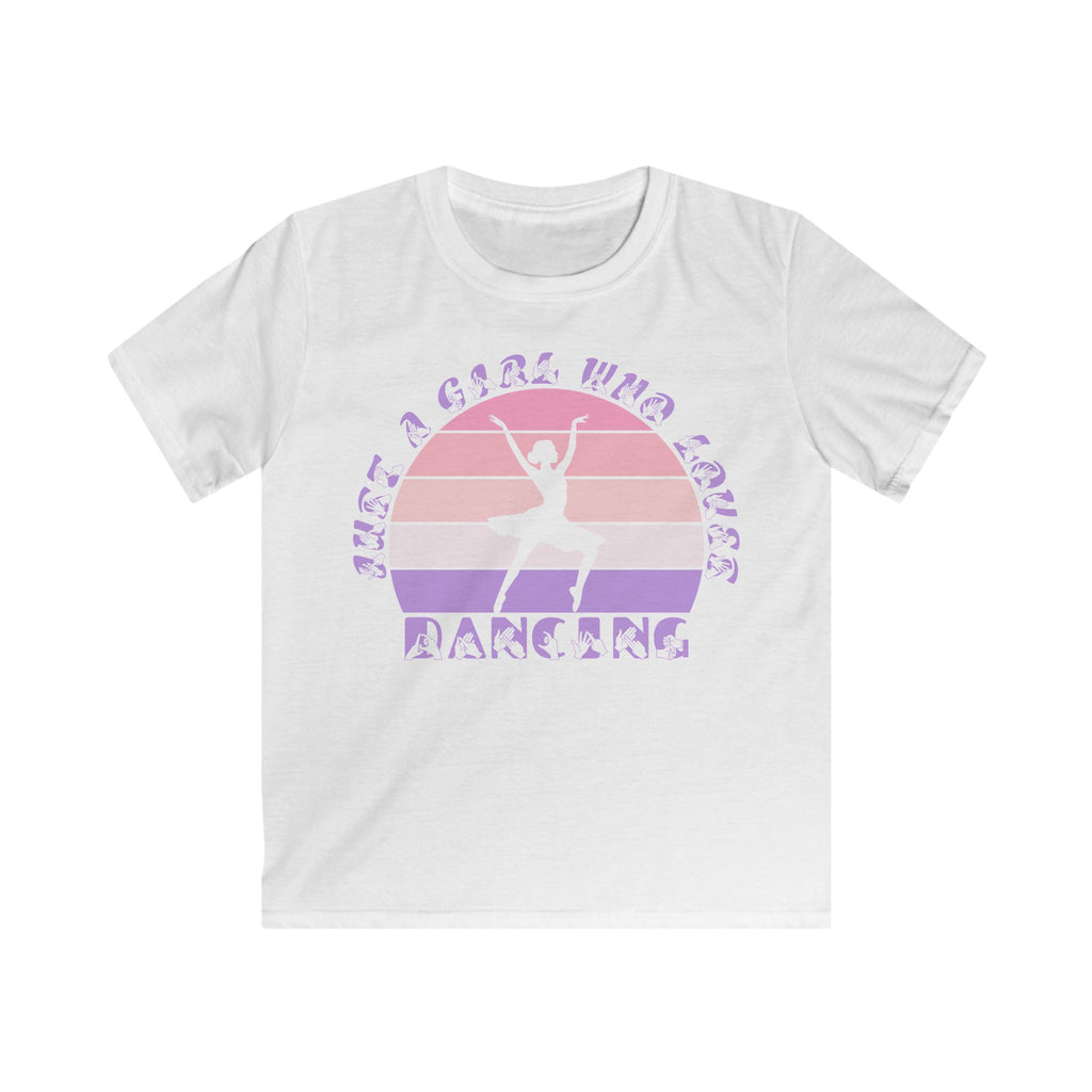White t-shirt with the phrase "Just a Girl Who Loves Dancing" above a colourful retro sunset and a silhouette of a girl dancing in the centre