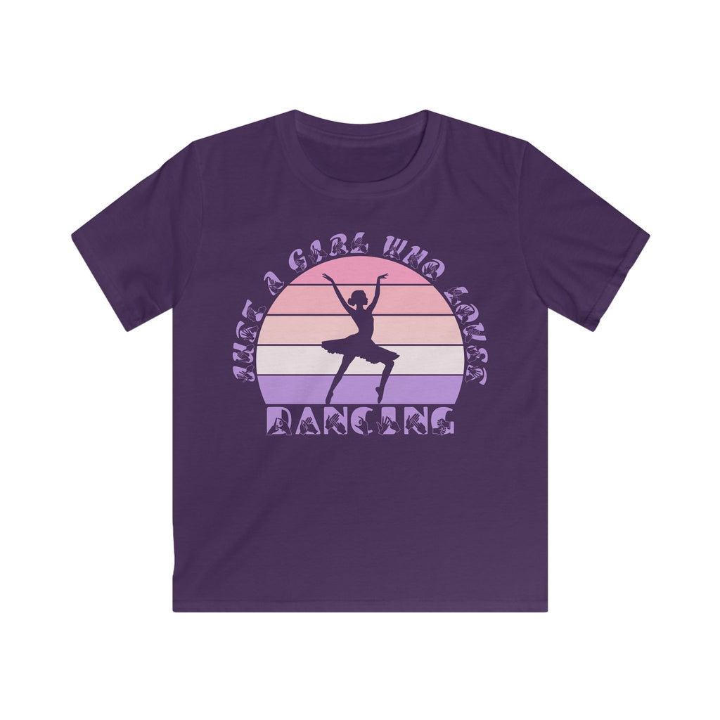 Purple t-shirt with the phrase "Just a Girl Who Loves Dancing" above a colourful retro sunset and a silhouette of a girl dancing in the centre