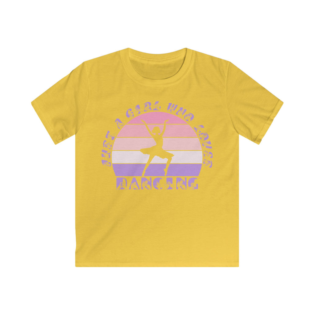 Daisy t-shirt with the phrase "Just a Girl Who Loves Dancing" above a colourful retro sunset and a silhouette of a girl dancing in the centre