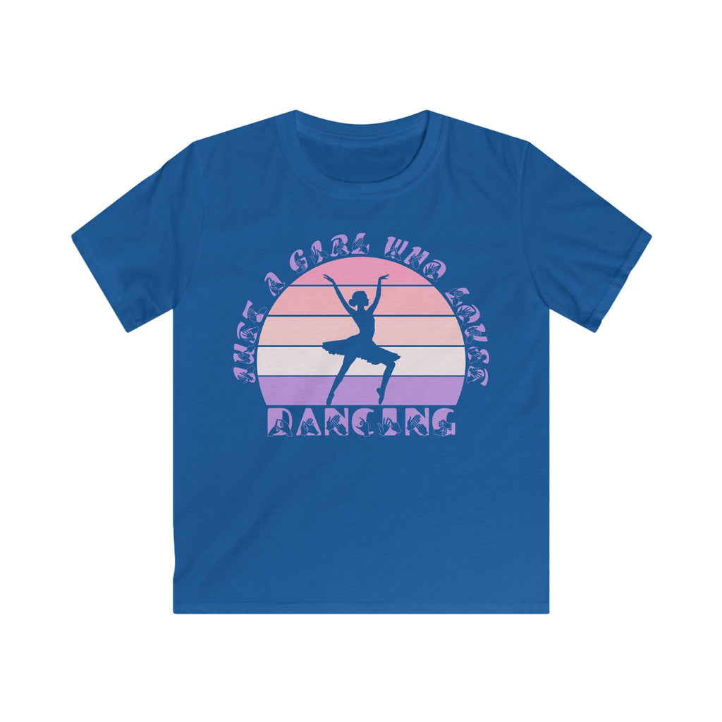 Royal t-shirt with the phrase "Just a Girl Who Loves Dancing" above a colourful retro sunset and a silhouette of a girl dancing in the centre
