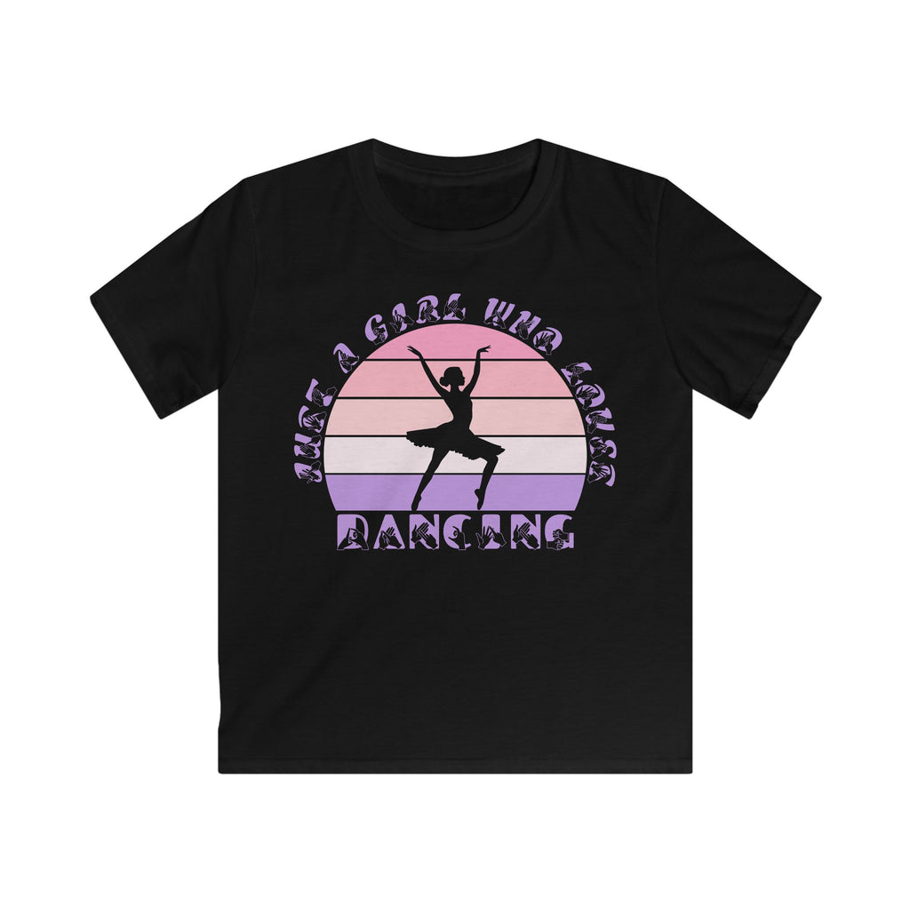 Black t-shirt with the phrase "Just a Girl Who Loves Dancing" above a colourful retro sunset and a silhouette of a girl dancing in the centre