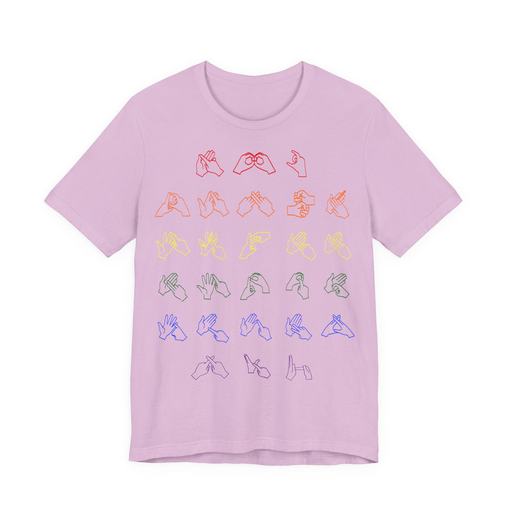 Front view of a lilac t-shirt with BSL Alphabet - Pride Fingerspelling