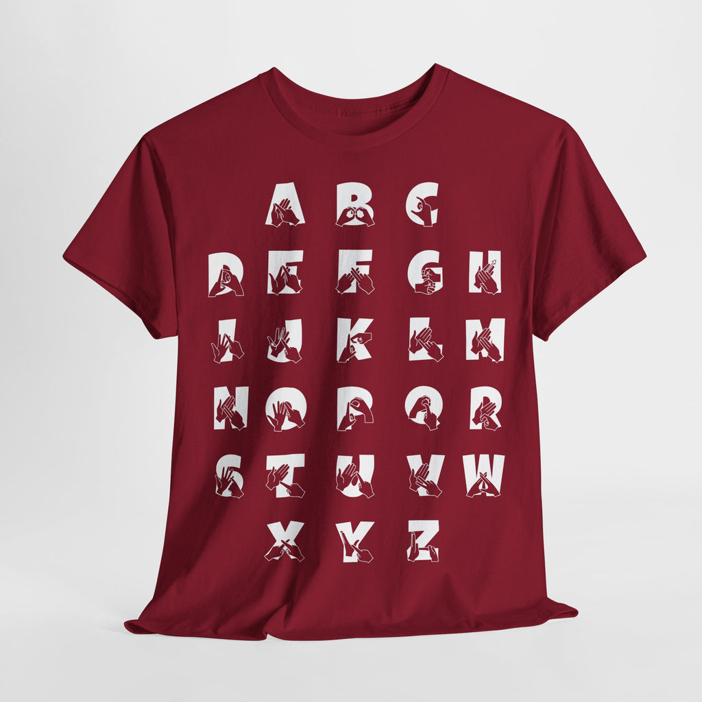 Front view of a Cardinal Red t-shirt with BSL Alphabet - White Fingerspelling & Text on a light grey background