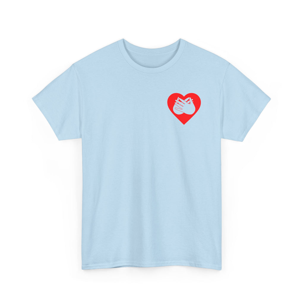 Front view of a sky blue T-Shirt showing a red coloured heart and the iconic BSL Love sign embedded in it on the left side of the chest