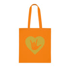 Orange Tote Bag showing a gold coloured heart with the iconic ASL I Love You sign embedded in it