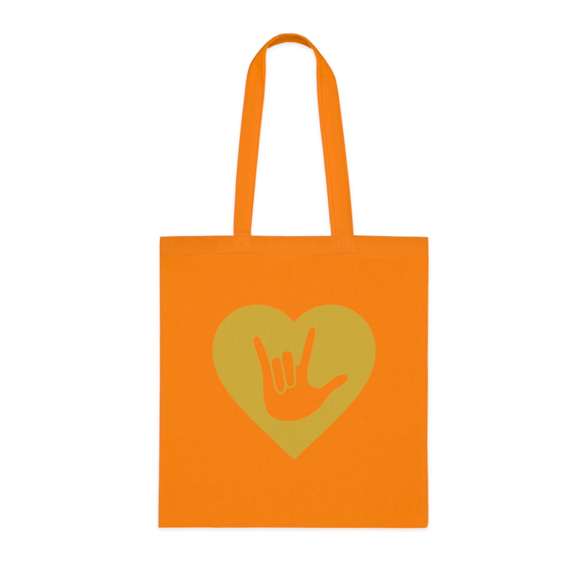 Orange Tote Bag showing a gold coloured heart with the iconic ASL I Love You sign embedded in it