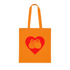 Orange Tote Bag showing a red coloured heart and the iconic BSL Love sign embedded in it