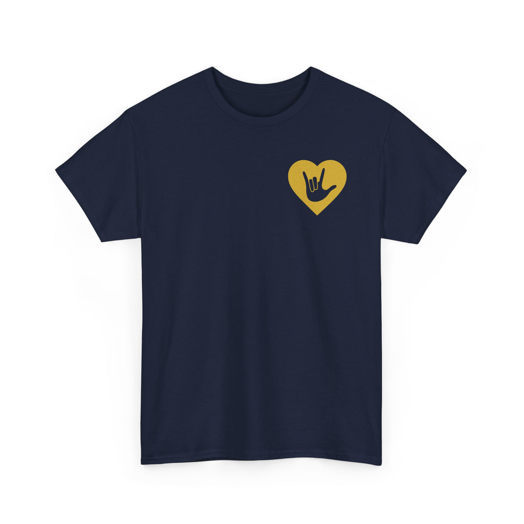Front view of a navy T-Shirt showing a gold coloured heart and the iconic ASL I Love You sign embedded in it on the left side of the chest