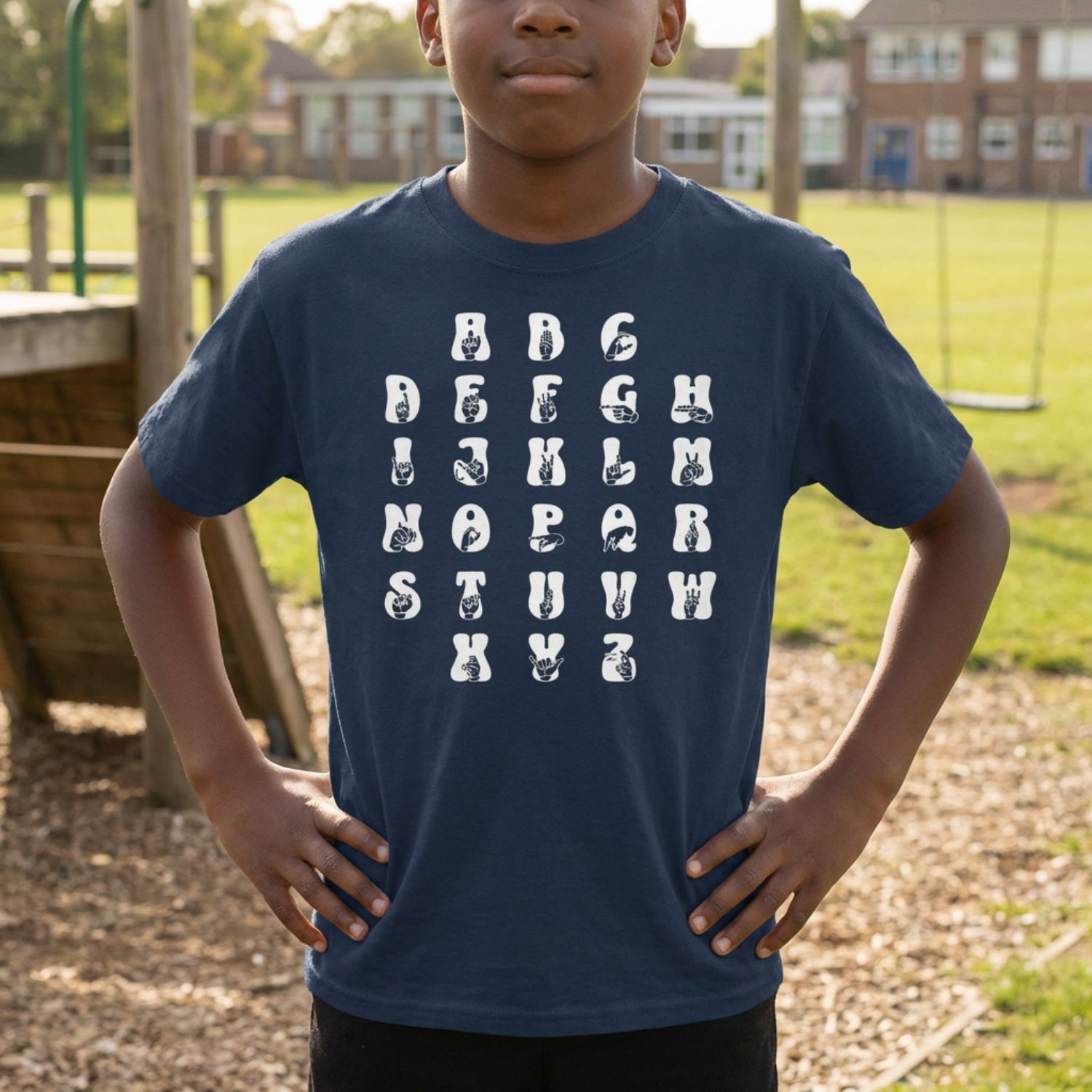 Child wearing a navy blue t-shirt with white alphabet print outdoors.