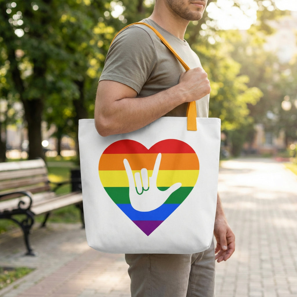 Person holding a tote bag with a rainbow heart and hand sign in a park