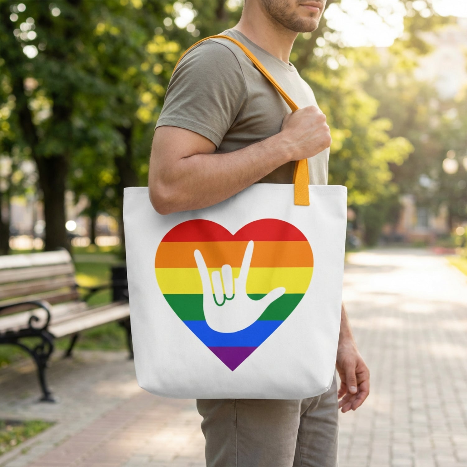 Person holding a tote bag with a rainbow heart and hand sign in a park