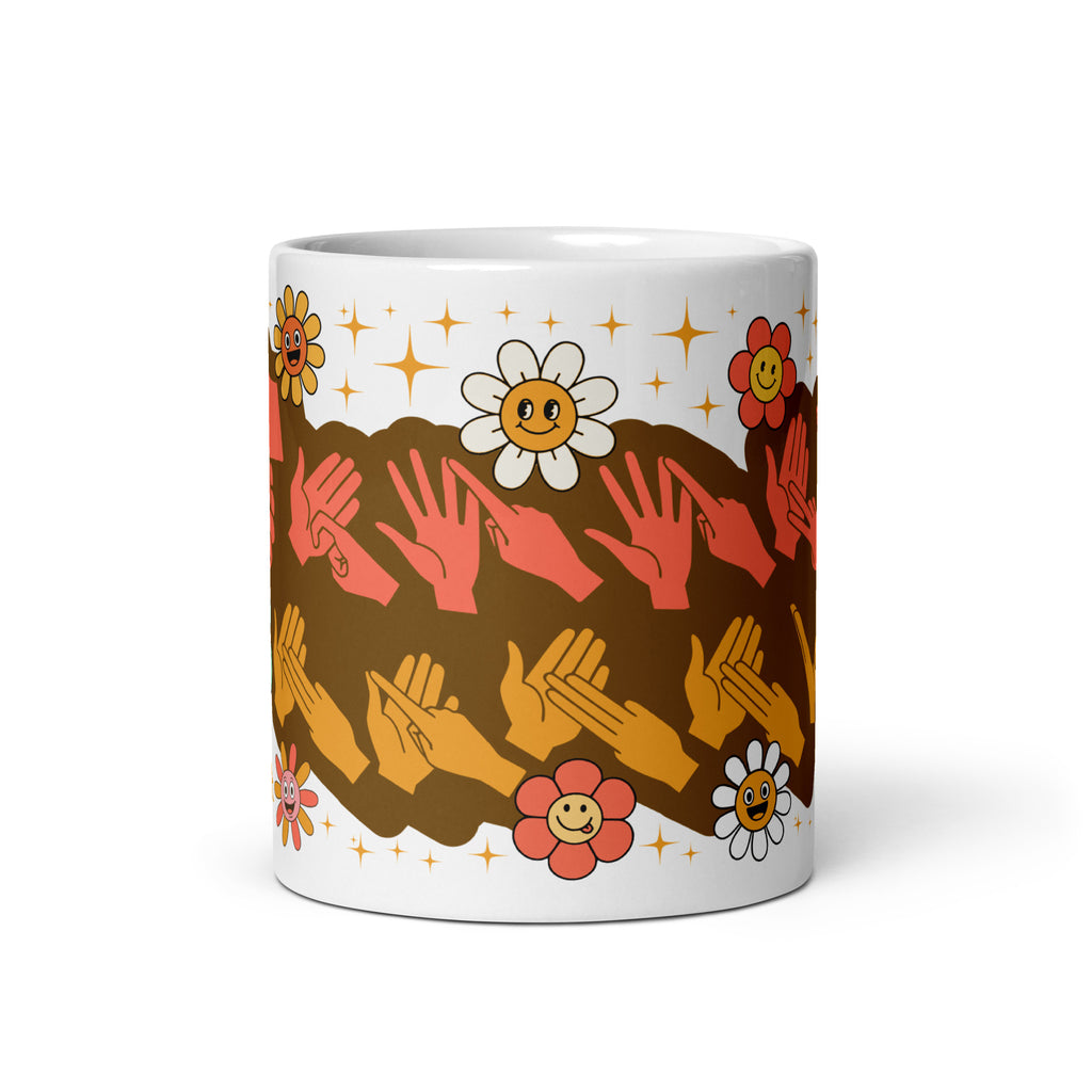 White mug showing a Groovy Mammy BSL design viewed from the front.