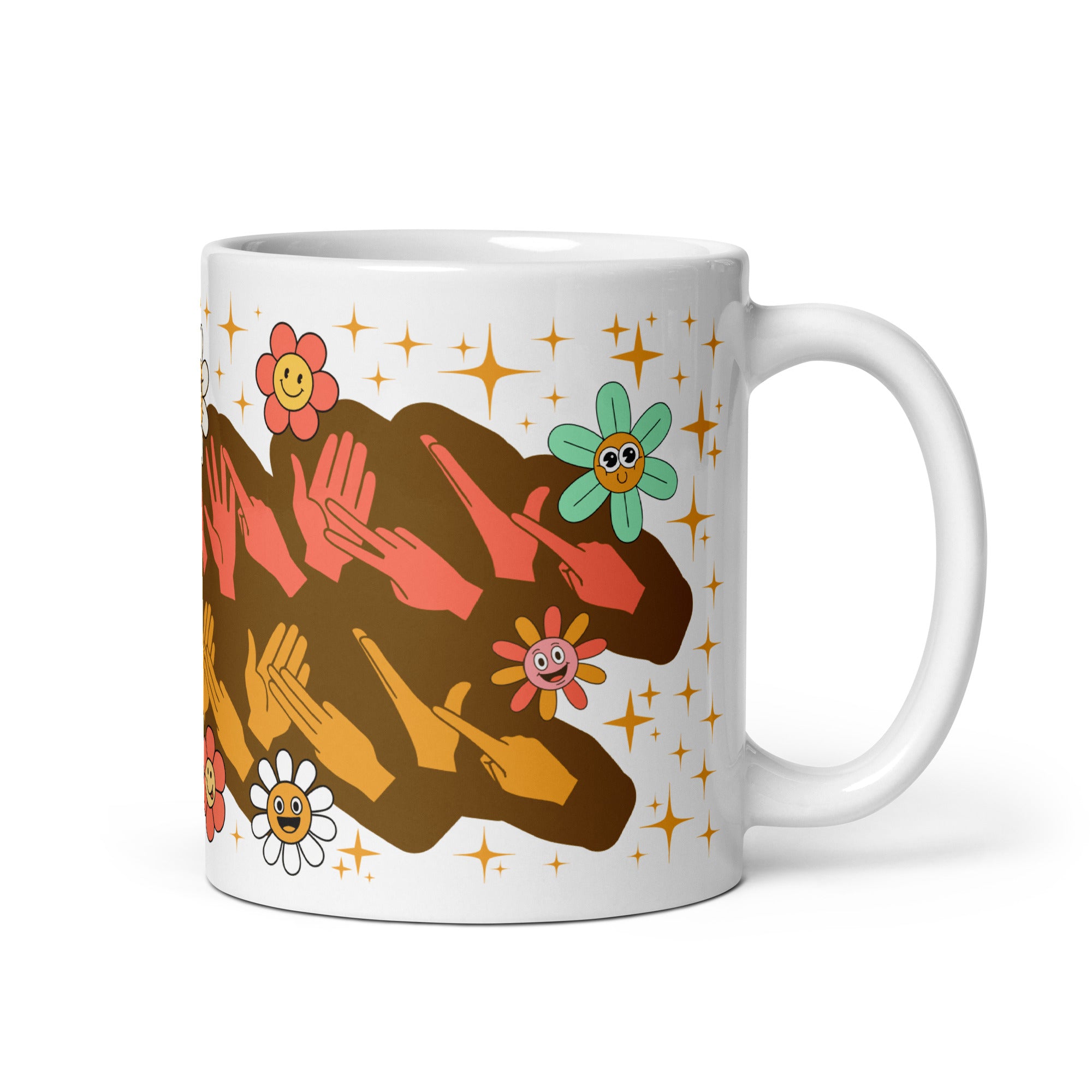 White mug showing a Groovy Mommy BSL design with the handle on the right.