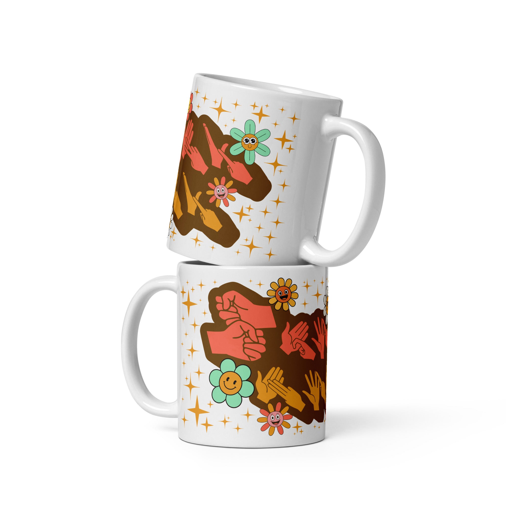 White mug showing a Groovy Mommy BSL design with the handle on the right.