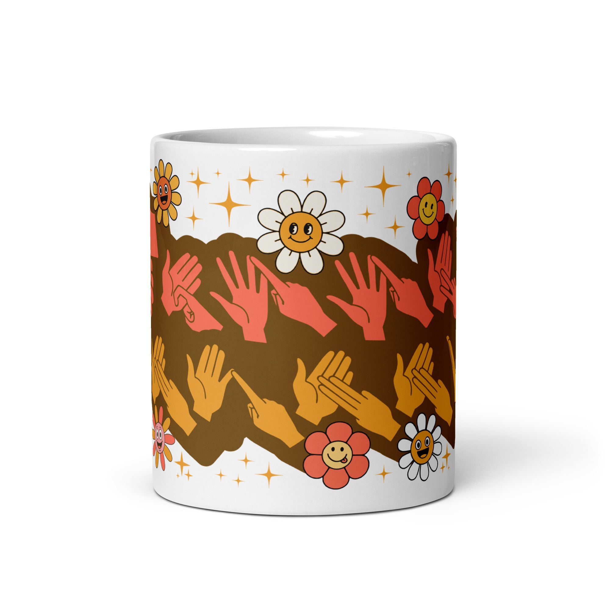 White mug showing a Groovy Mummy BSL design viewed from the front.