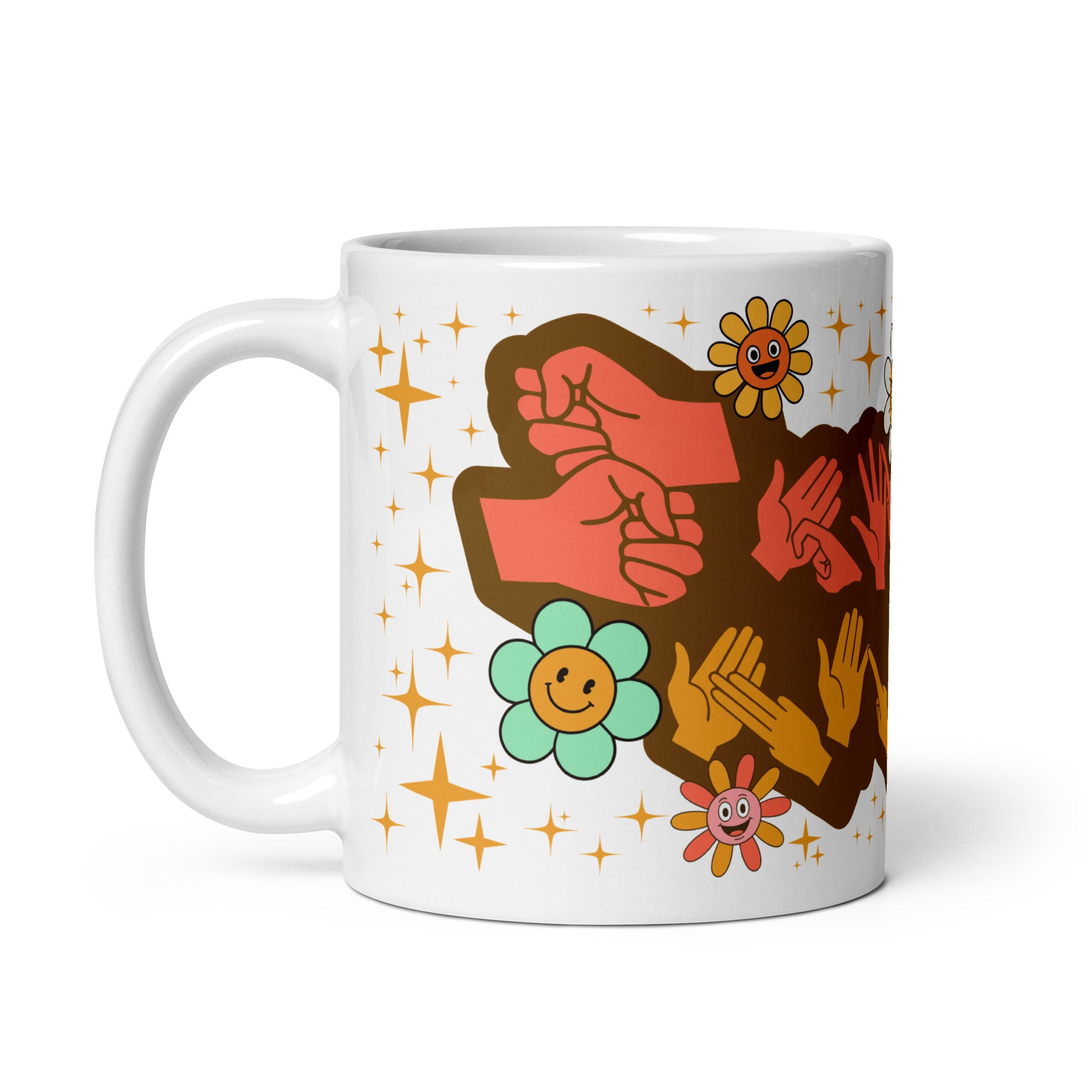 White mug showing a Groovy Mummy BSL design with the handle on the left.