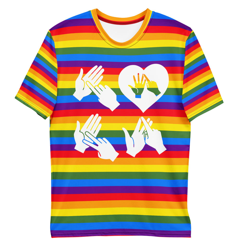 Pride rainbow coloured t-shirt with the word LOVE white BSL fingerspelling design