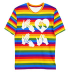 Pride rainbow coloured t-shirt with the word LOVE white BSL fingerspelling design