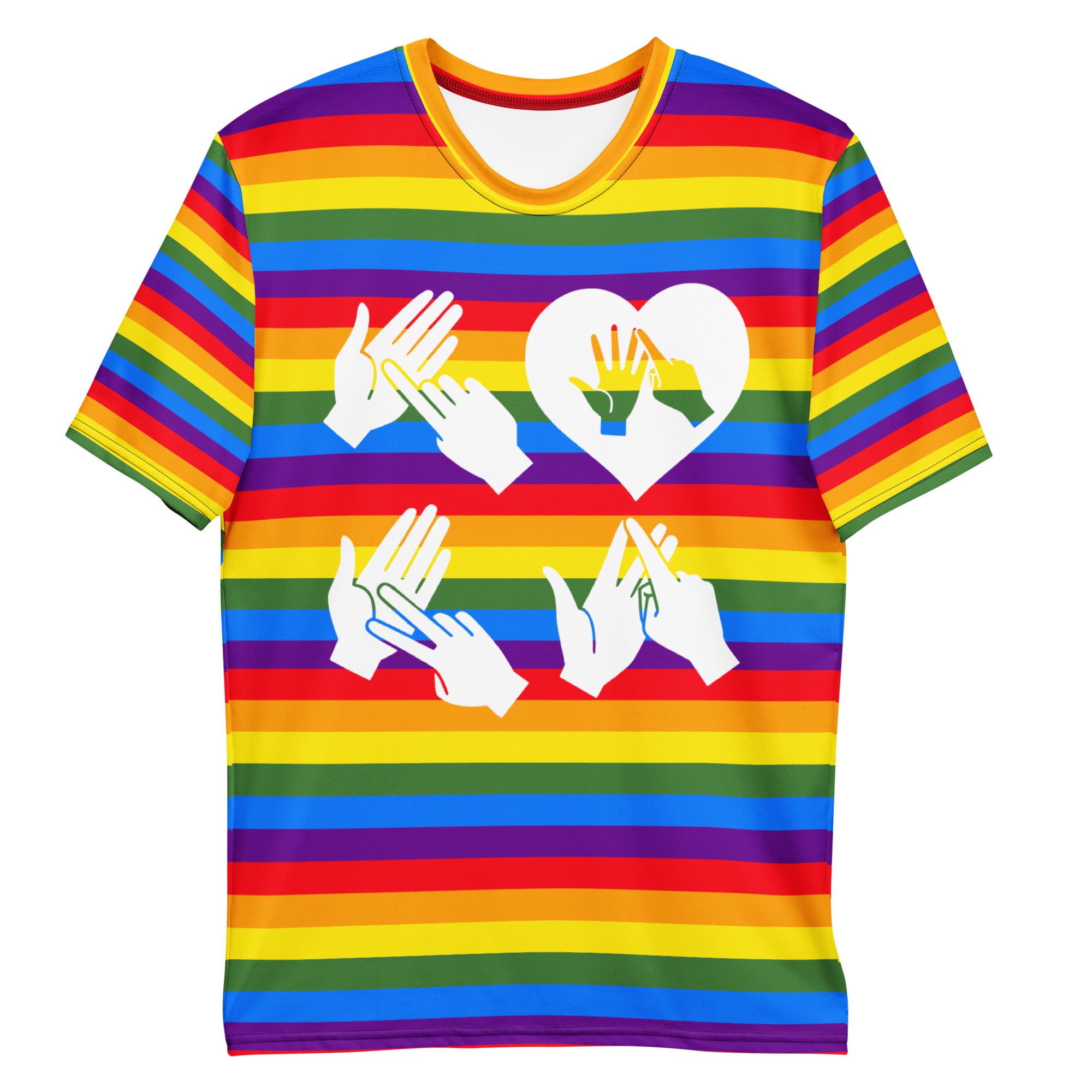 Pride rainbow coloured t-shirt with the word LOVE white BSL fingerspelling design