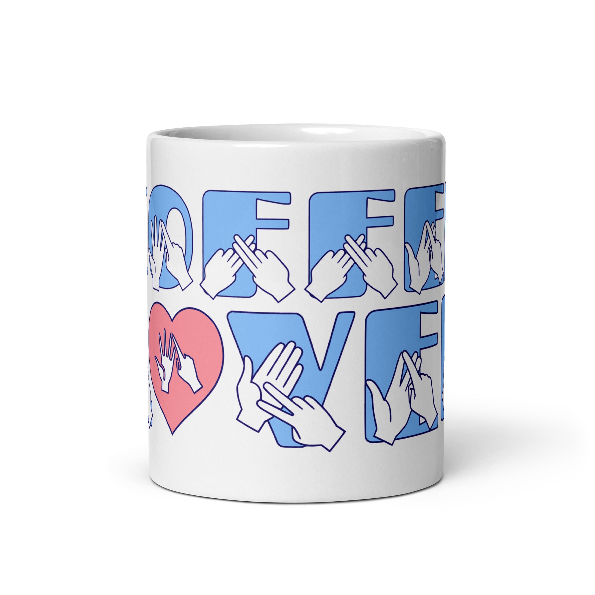 White mug featuring the phrase Coffee Lover written in BSL Fingerspelling and Text wrapping around the mug in blue. 